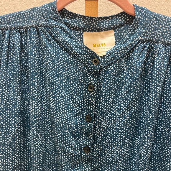 Maeve Top Women S Teal Geometric Crew Neck 3/4 Button Front Short Sleeves Rushed - Picture 2 of 7